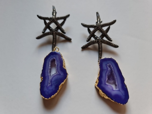 Starfish Duo W/Druzy Handmade Gold-Plated Pierced Earrings