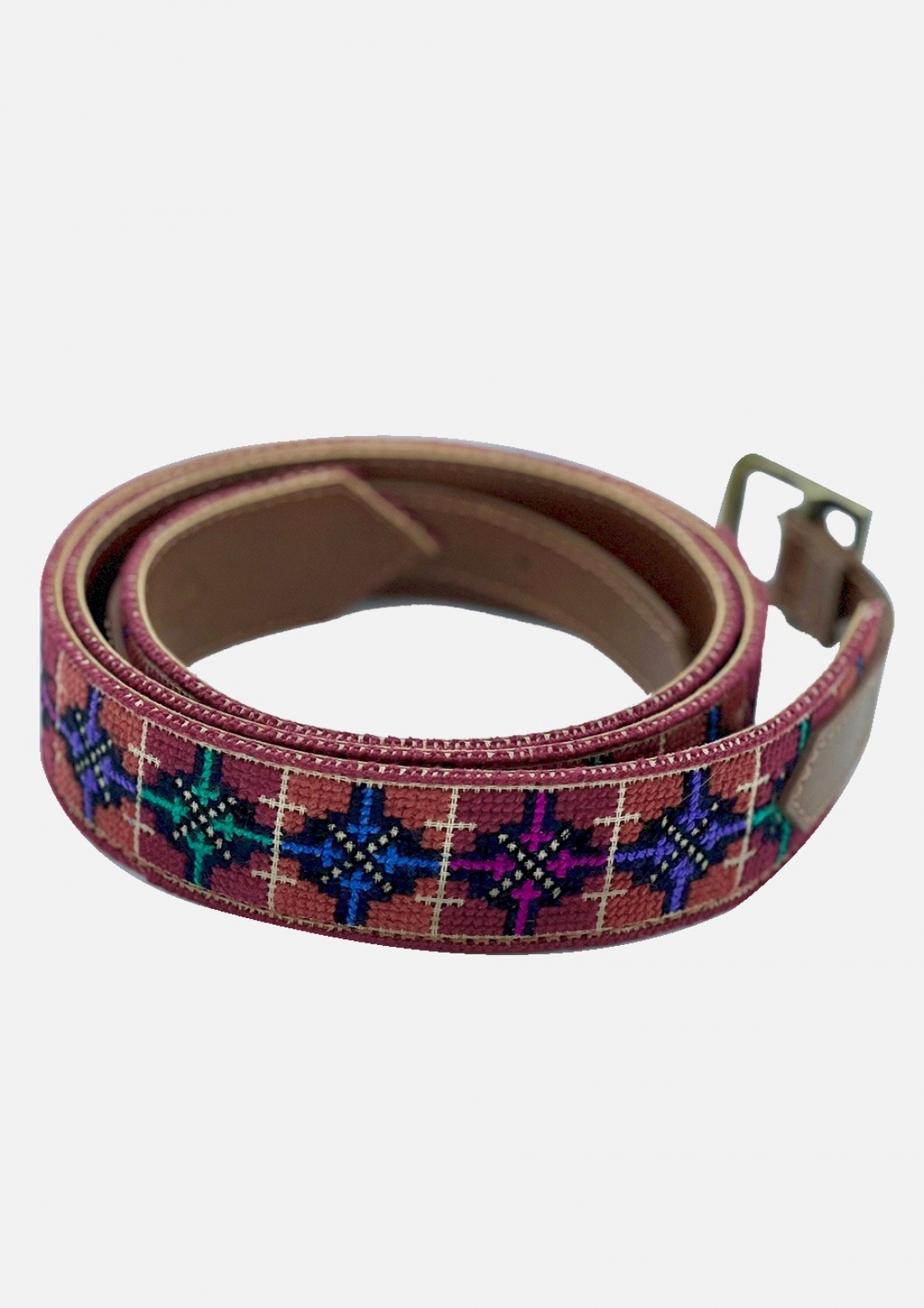 Brown Embroidered Belt  W/ Leather Finish