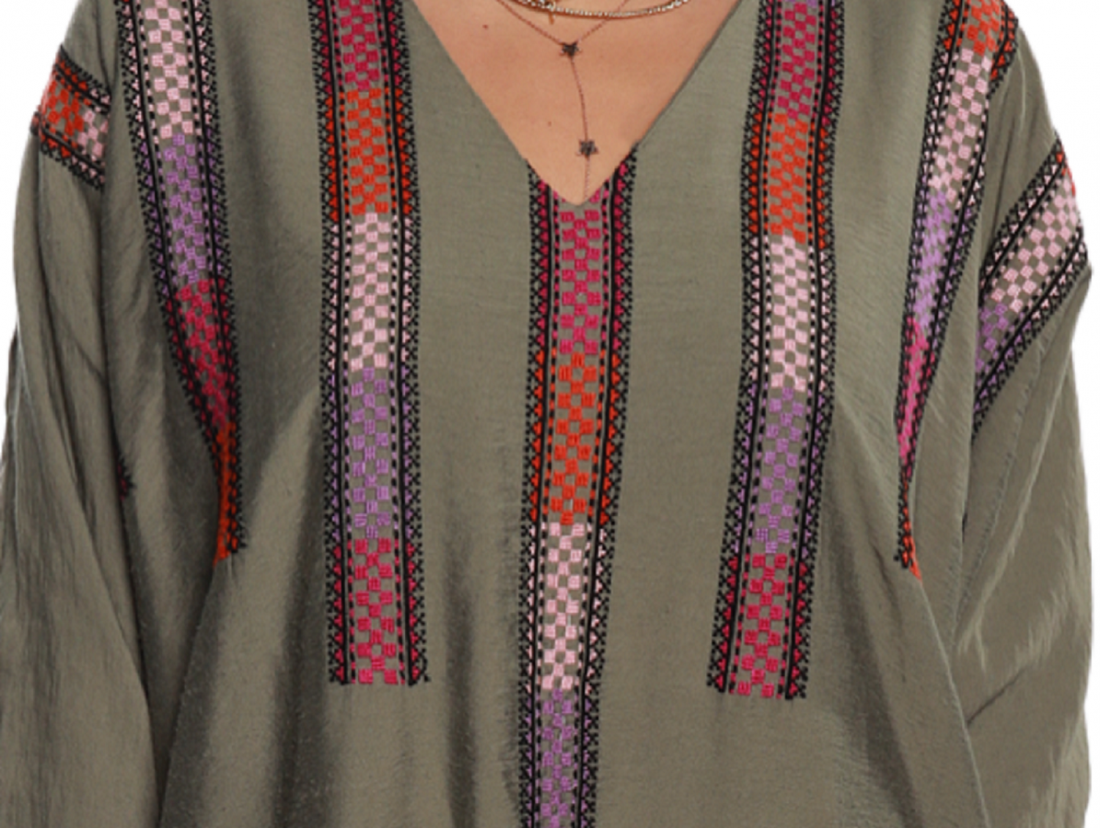 Olive hand embroidered  Summer Cotton Caftan 