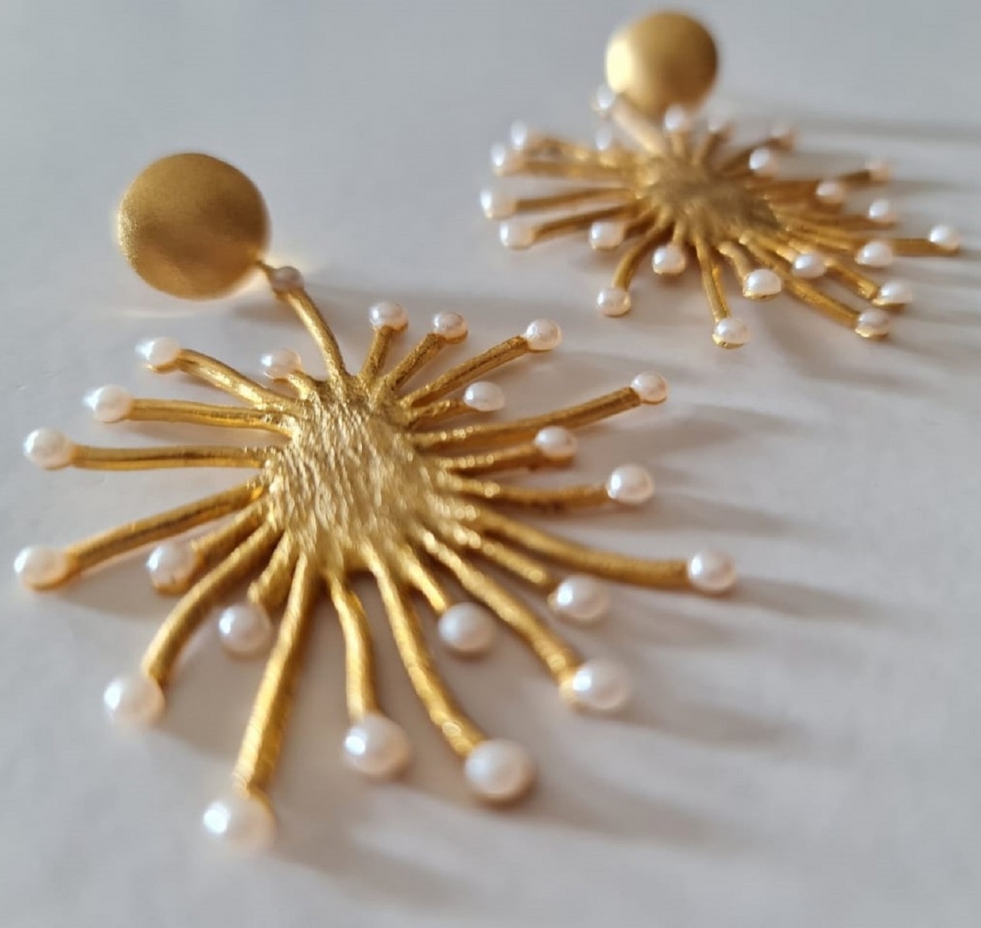 Spikes of Pearl Gold-Plated handmade Pierced Earrings