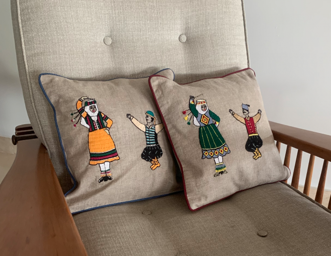 Ghazal Dabke' Hand-embroidered Fine Linen Cushion