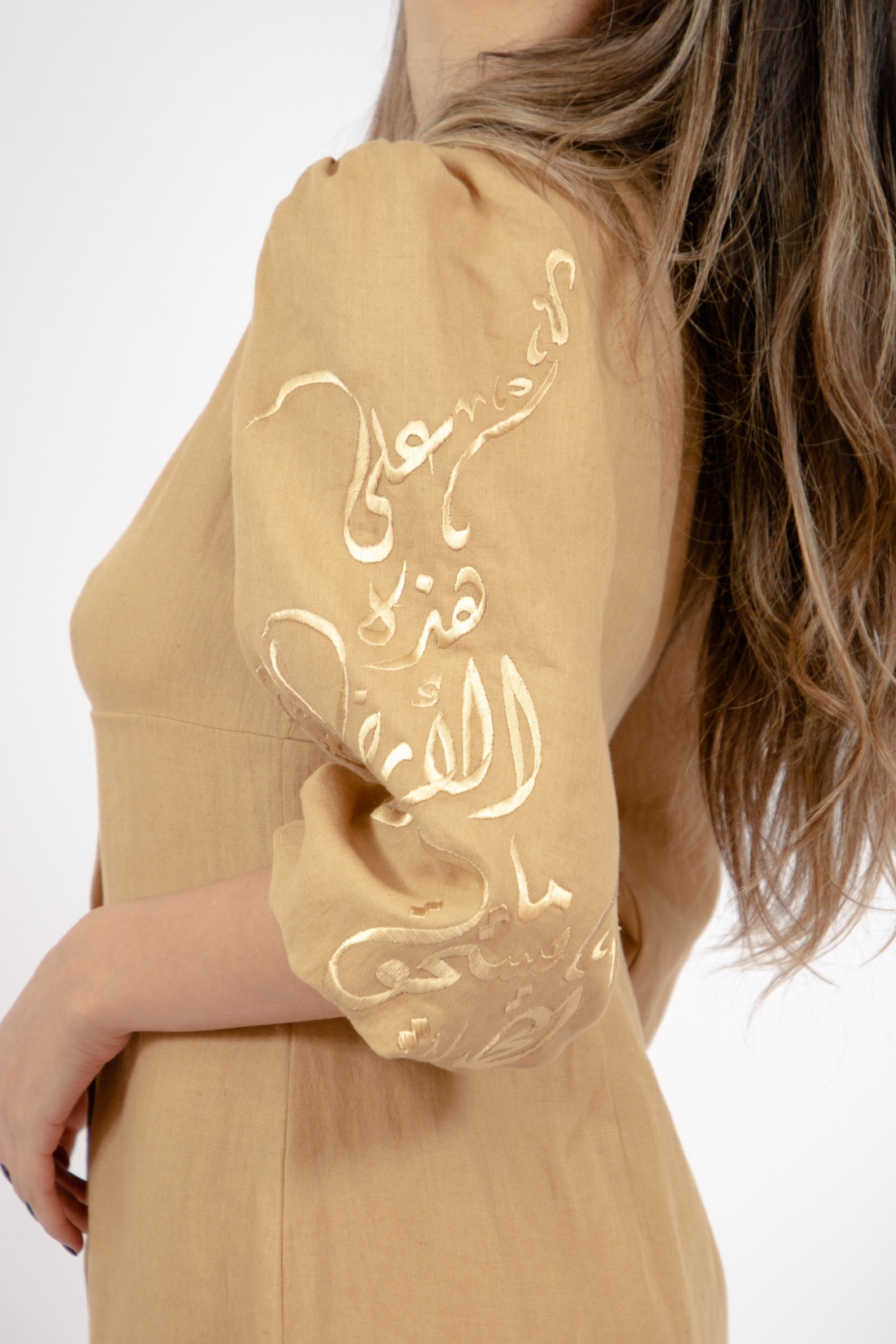 Linen Dress with Hand embroidered Calligraphy on Puffy Sleeves