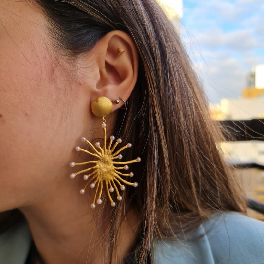 Spikes of Pearl Gold-Plated handmade Pierced Earrings
