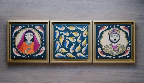 Persian Tile Acrylic on Canvas Paintings Set of 3