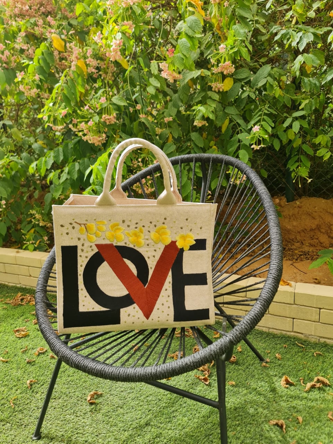 Golden Beige LOVE Embroidered Handmade Tote Bag 
