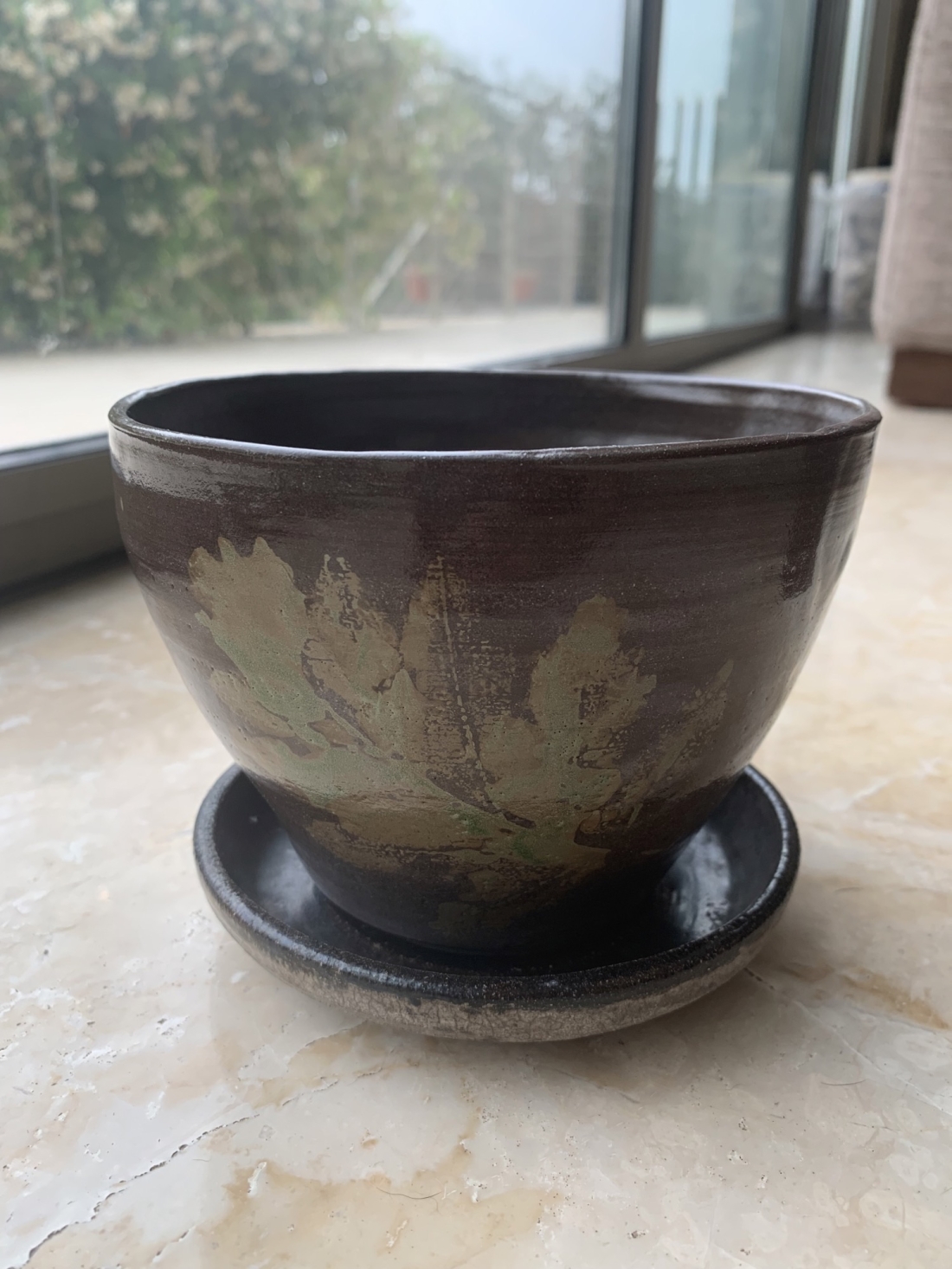 Handmade Ceramic Planter with Autumn Leaf Design 