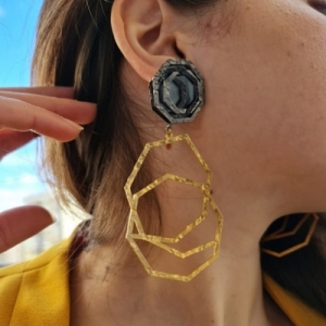 Hexagon Flower Handmade Gold-Plated Clip Earrings