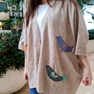 Linen Handmade and Embroidered Abaya / Pancho with Birds