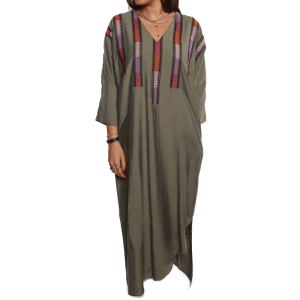 Olive hand embroidered Cotton Summer Caftan 