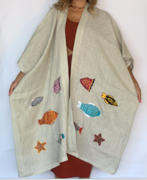 Fish handmade embroidered linen Abaya / Pancho 